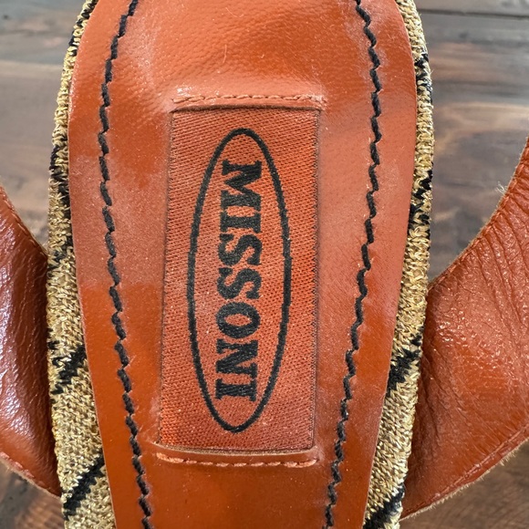 Missoni gold & black satin/knit textile T strap platform stilettos. Size 38. EUC - Picture 5 of 8